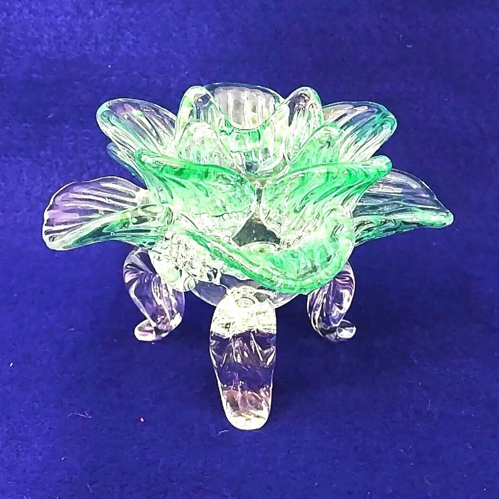 Candle Holder Tealight Green Glass Flower Shaped Footed